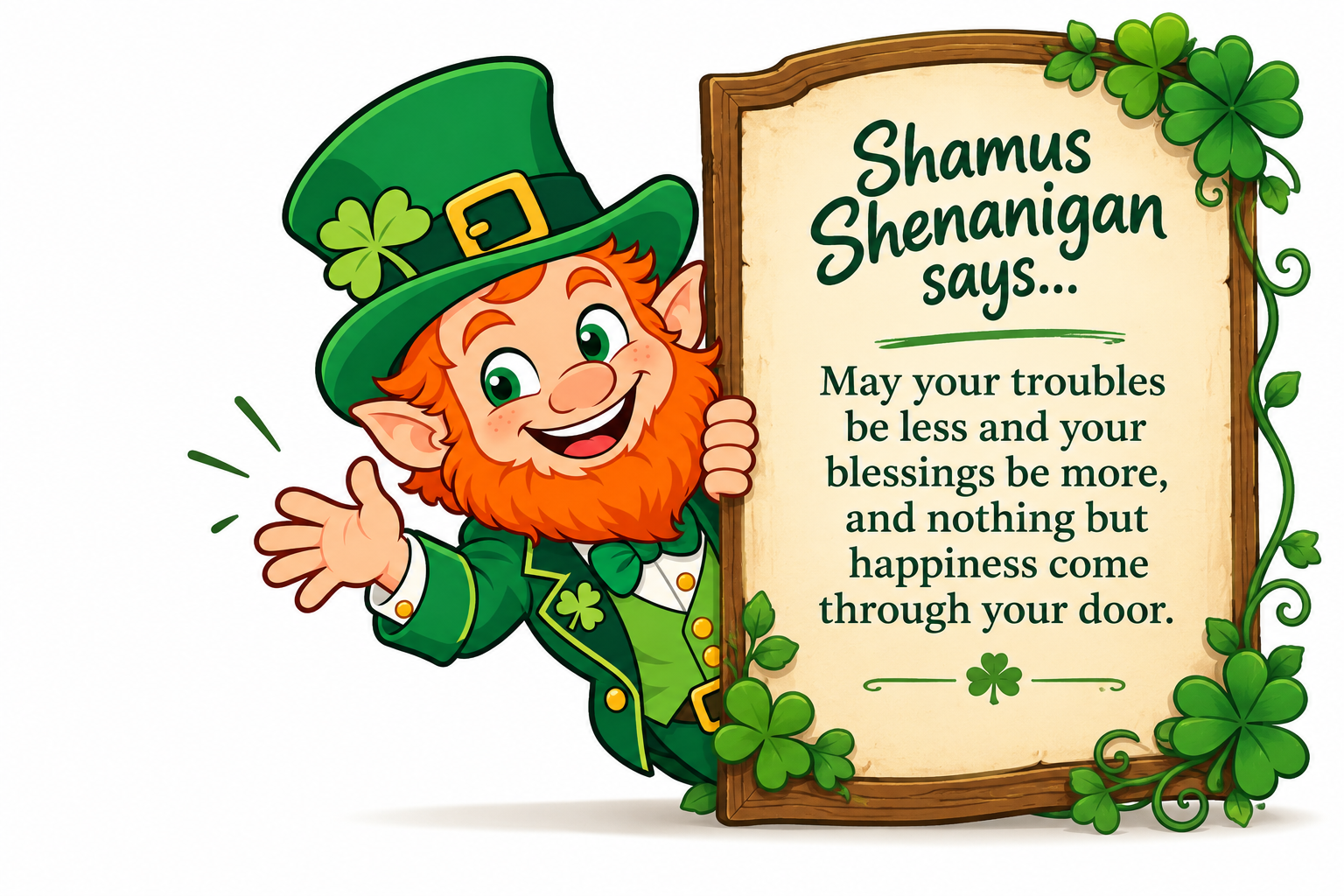 Shamus Shenanigan peeks around a shamrock-decorated Irish blessing sign