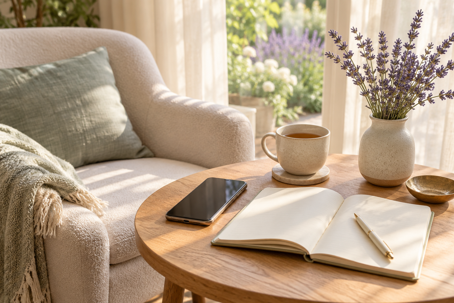 A peaceful space for a private phone session, with a phone, open journal, tea, and lavender beside a cream armchair