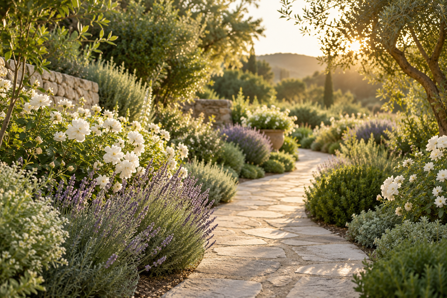 A peaceful sunlit stone garden path bordered by white flowers and lavender