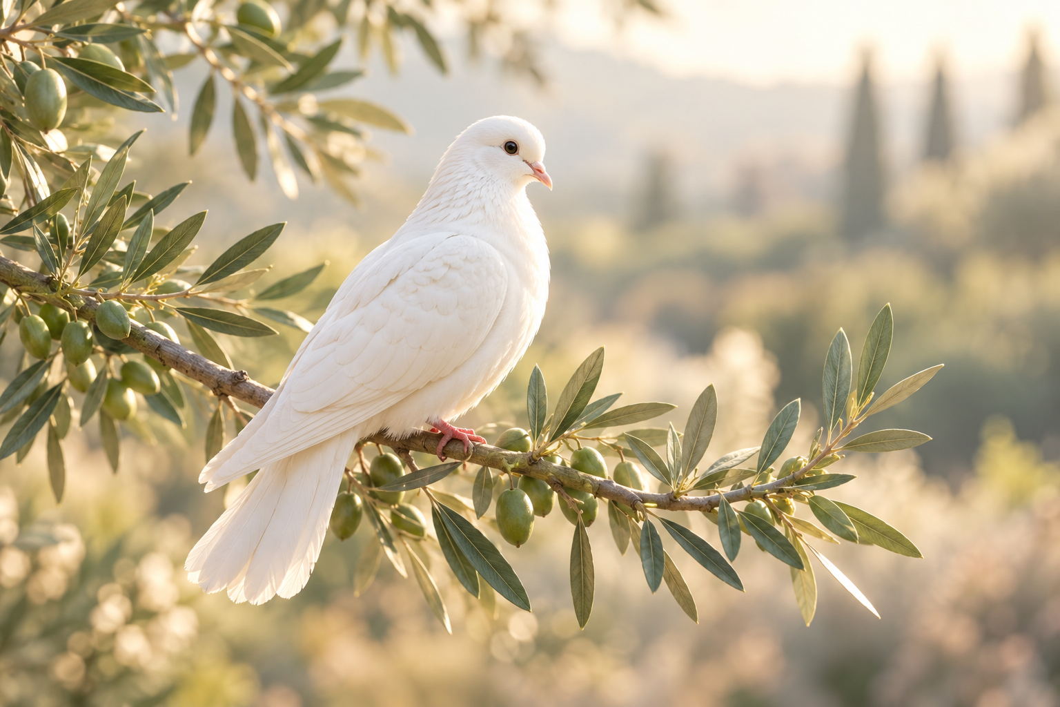 A white dove resting on an olive branch in soft morning light