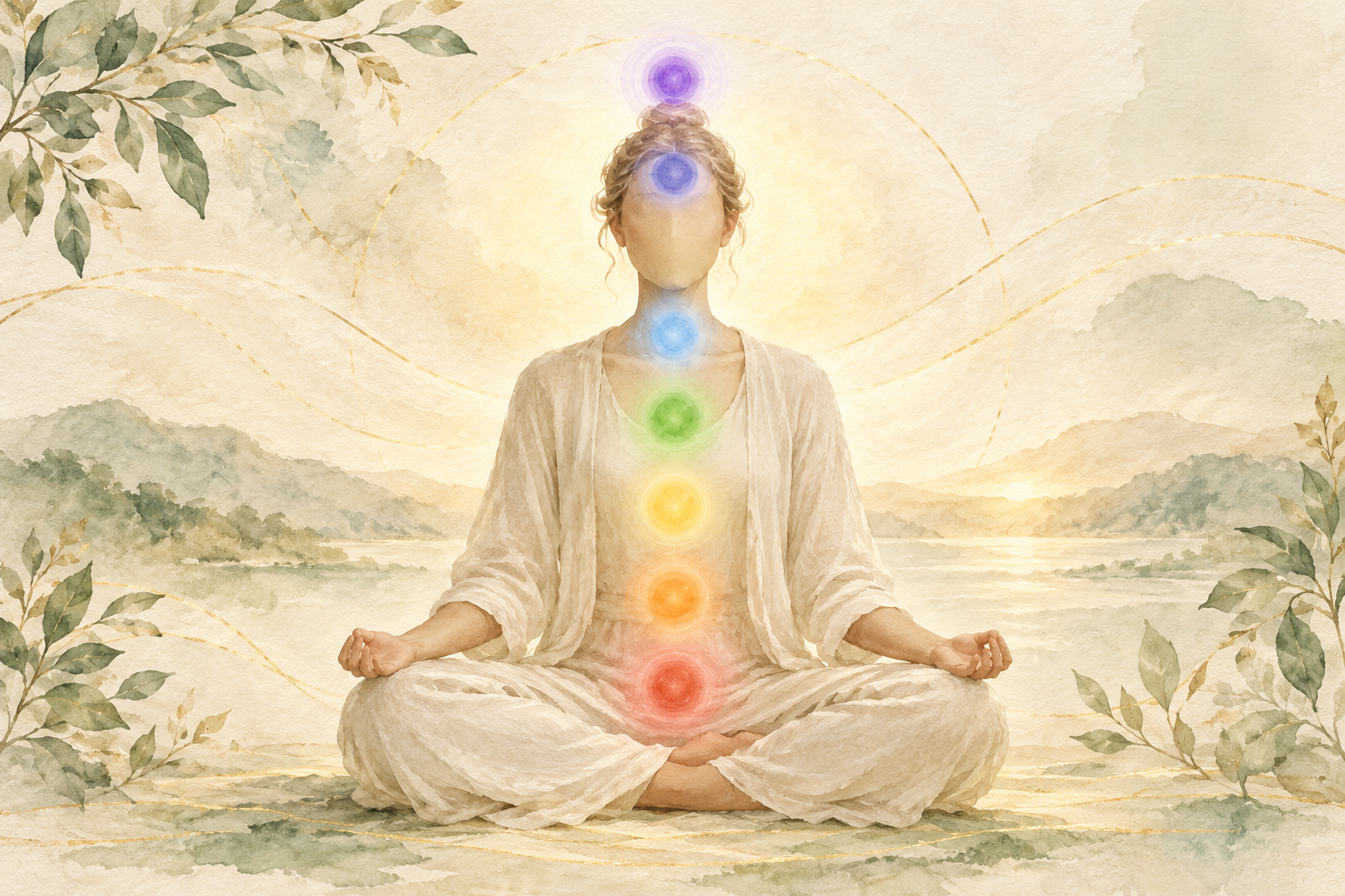 Watercolor illustration of a seated meditation figure with seven colored chakra centers, from red at the base to violet above the crown