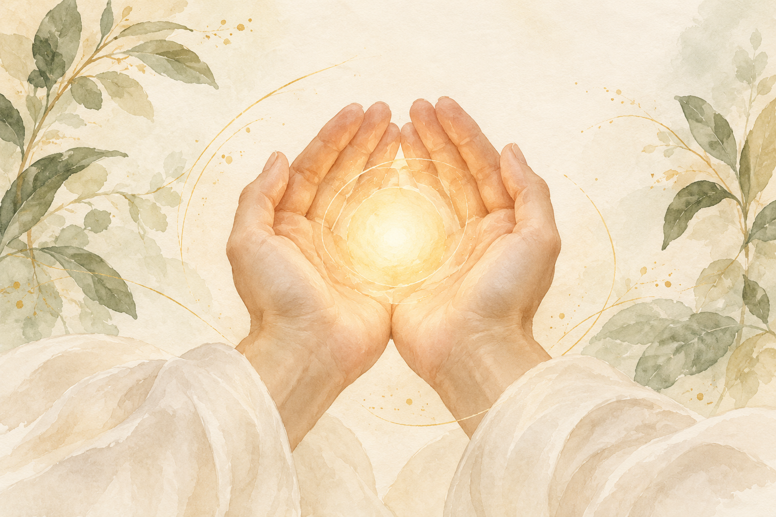 Watercolor illustration of open hands cradling soft golden light, surrounded by sage leaves