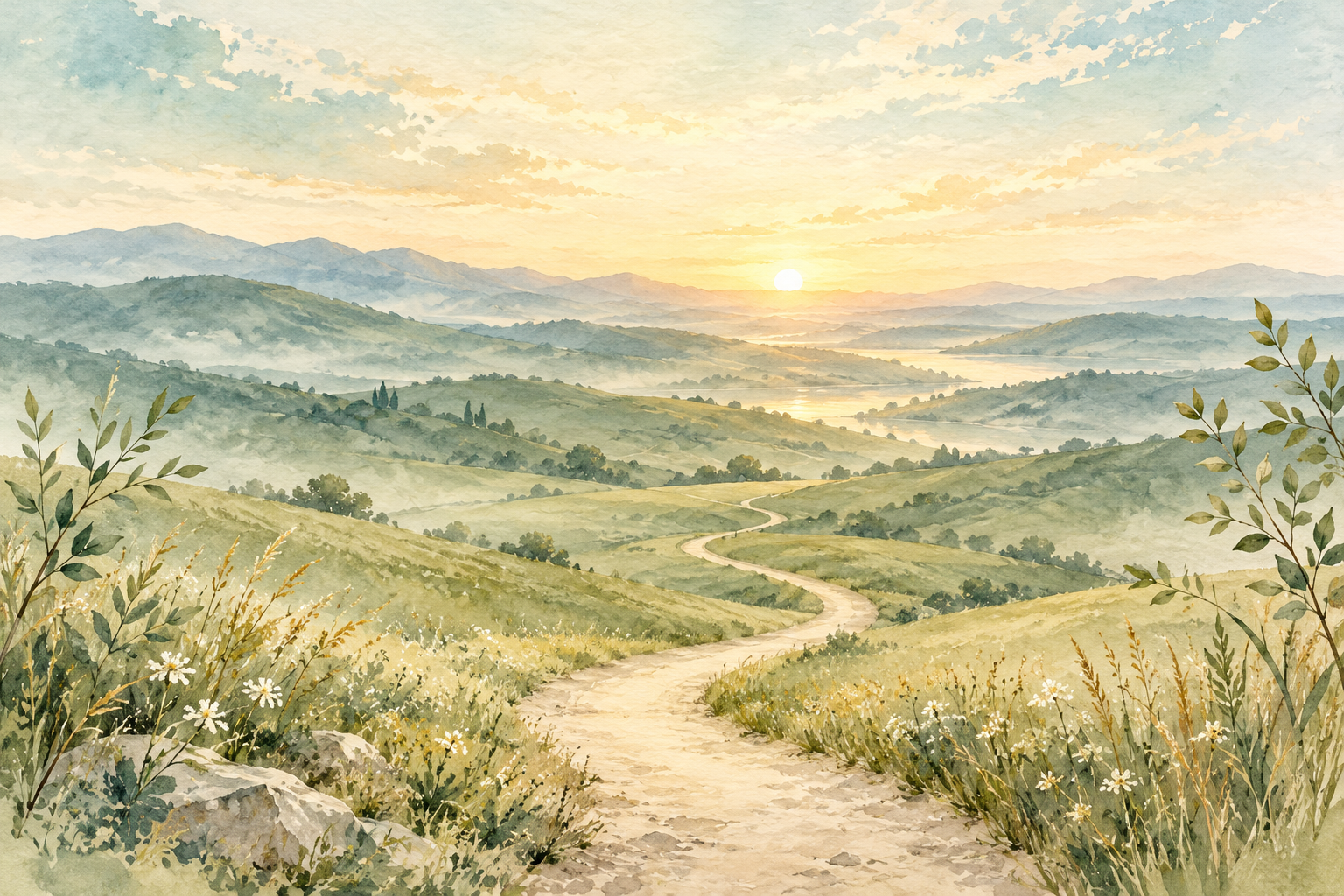 Watercolor landscape of a winding path through sage-green hills toward a gentle golden sunrise