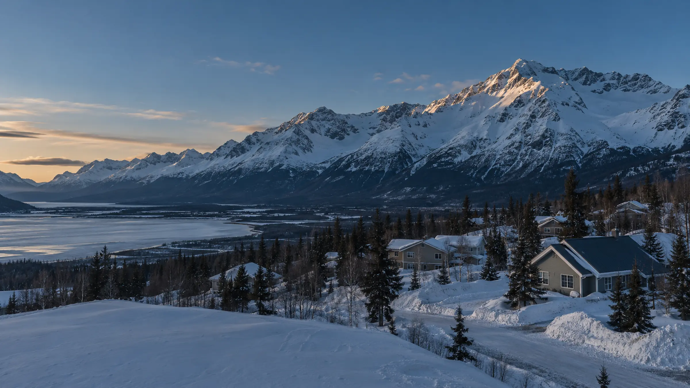 Snow-covered hillside homes above a frozen river valley below the Chugach Mountains in Southcentral Alaska at sunset