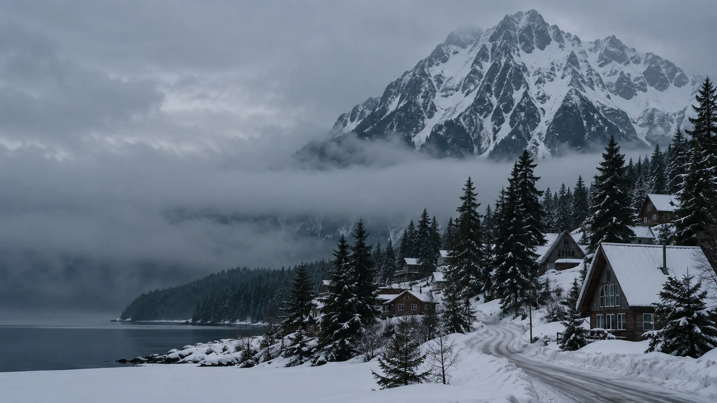 Snow-covered homes and cabins in a coastal mountain valley below a steep peak in Southcentral Alaska