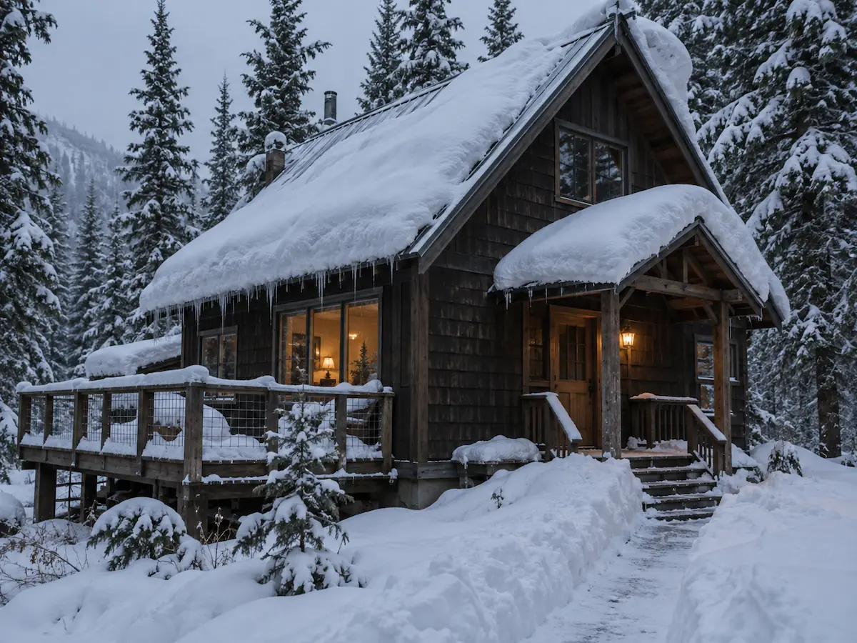A snow-loaded wood-sided cabin with icicles at the eaves and a shoveled path, in a spruce forest in Southcentral Alaska