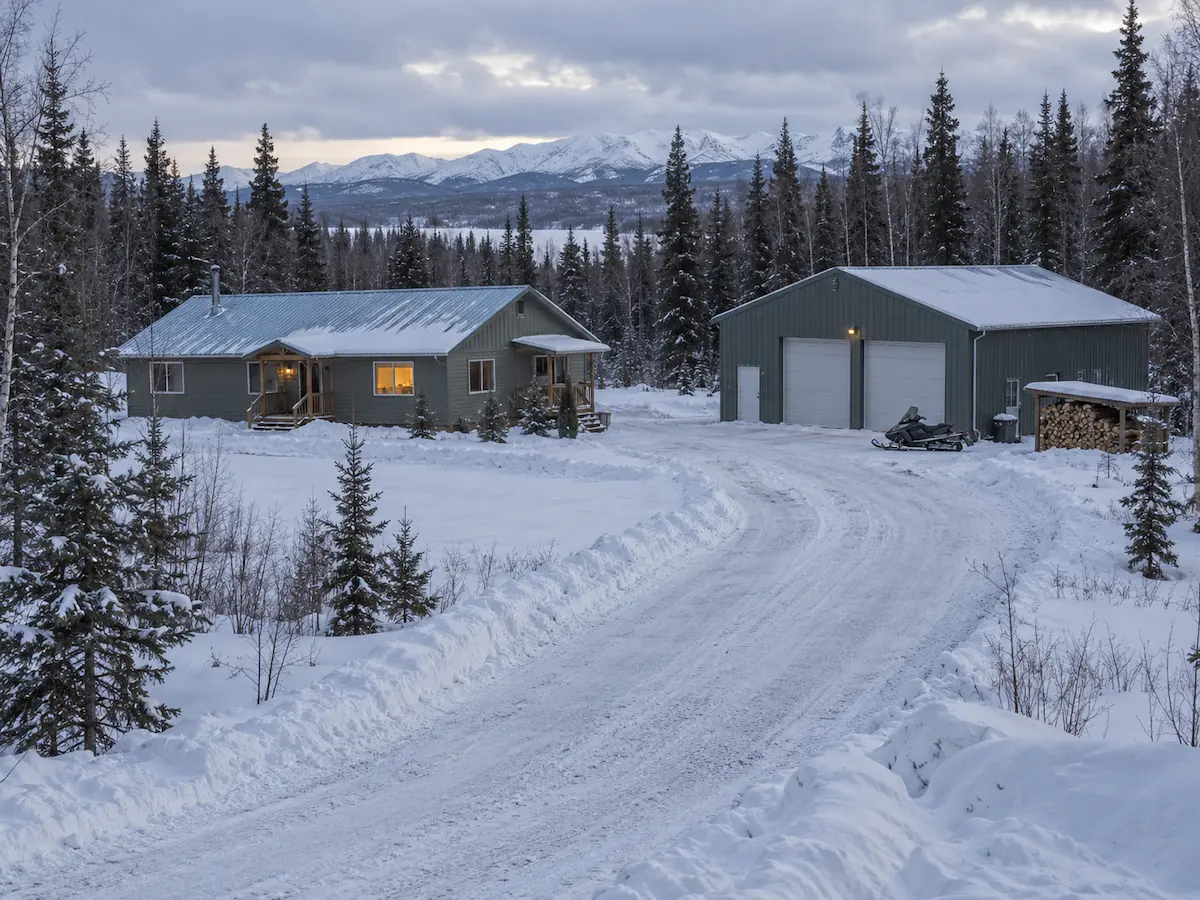 A rural Alaska home with a large detached metal shop, plowed gravel driveway, snowmachine and stacked firewood on a snowy acreage lot