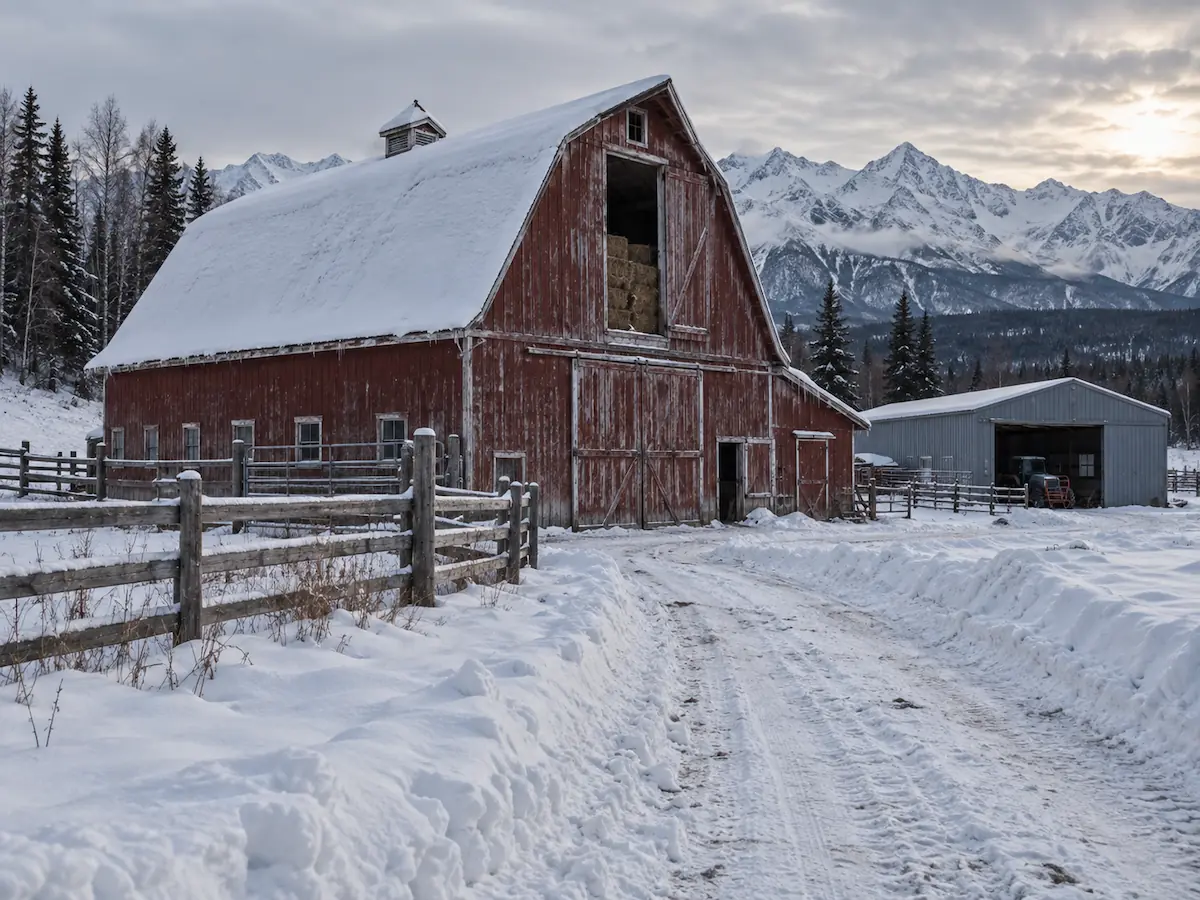 A weathered red gambrel-roofed barn with hay in the loft door and a metal equipment shed beside it, on a snow-covered Matanuska Valley farm