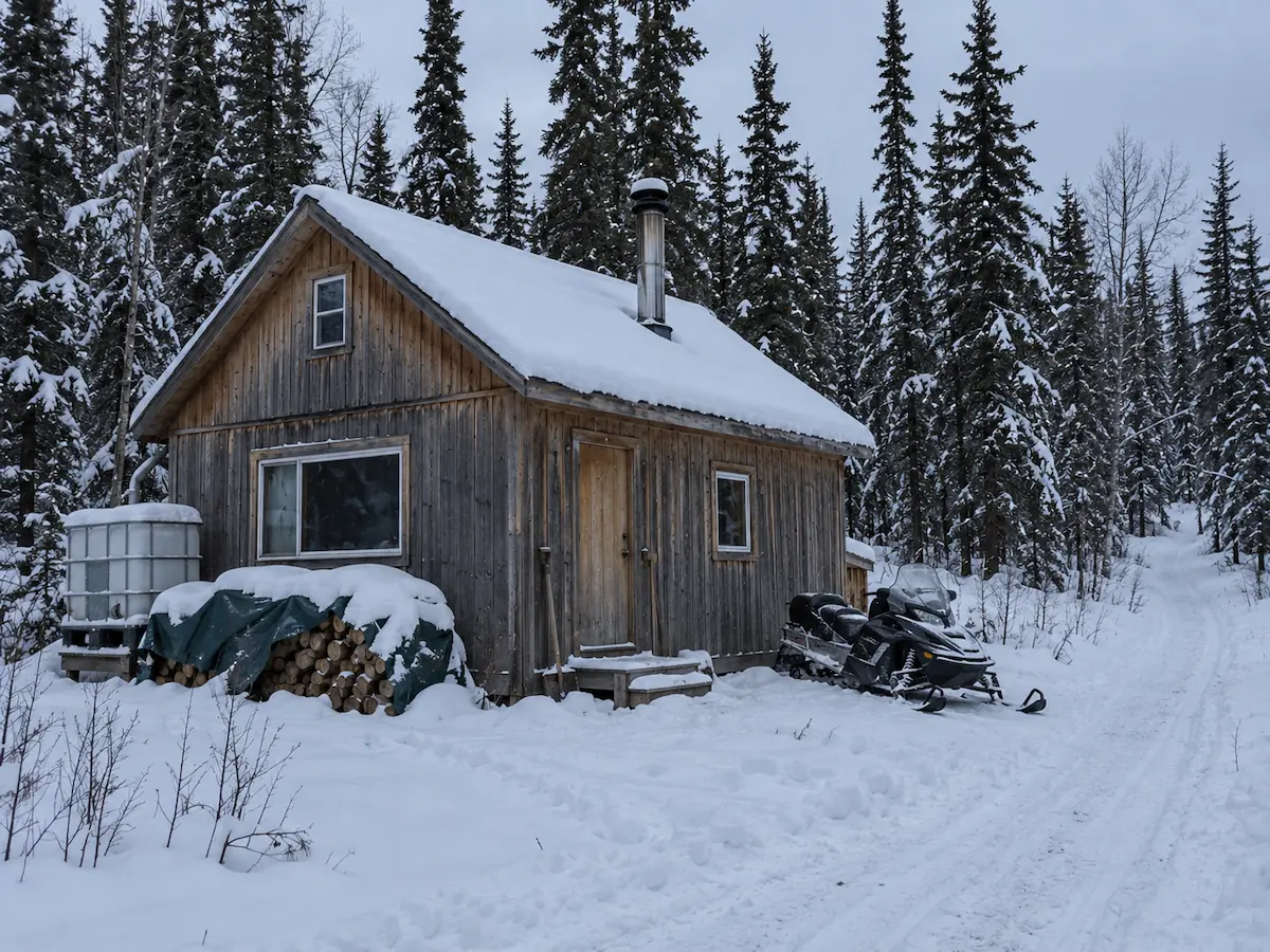 A small owner-built cabin in spruce woods with a woodstove chimney, hauled-water tank, tarped firewood and a snowmachine parked outside