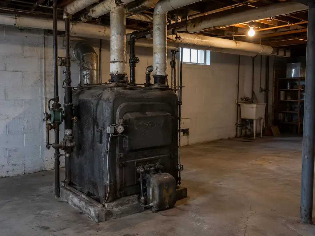 Original cast iron boiler with insulated steam pipes in the basement of a century-old Cleveland Heights house