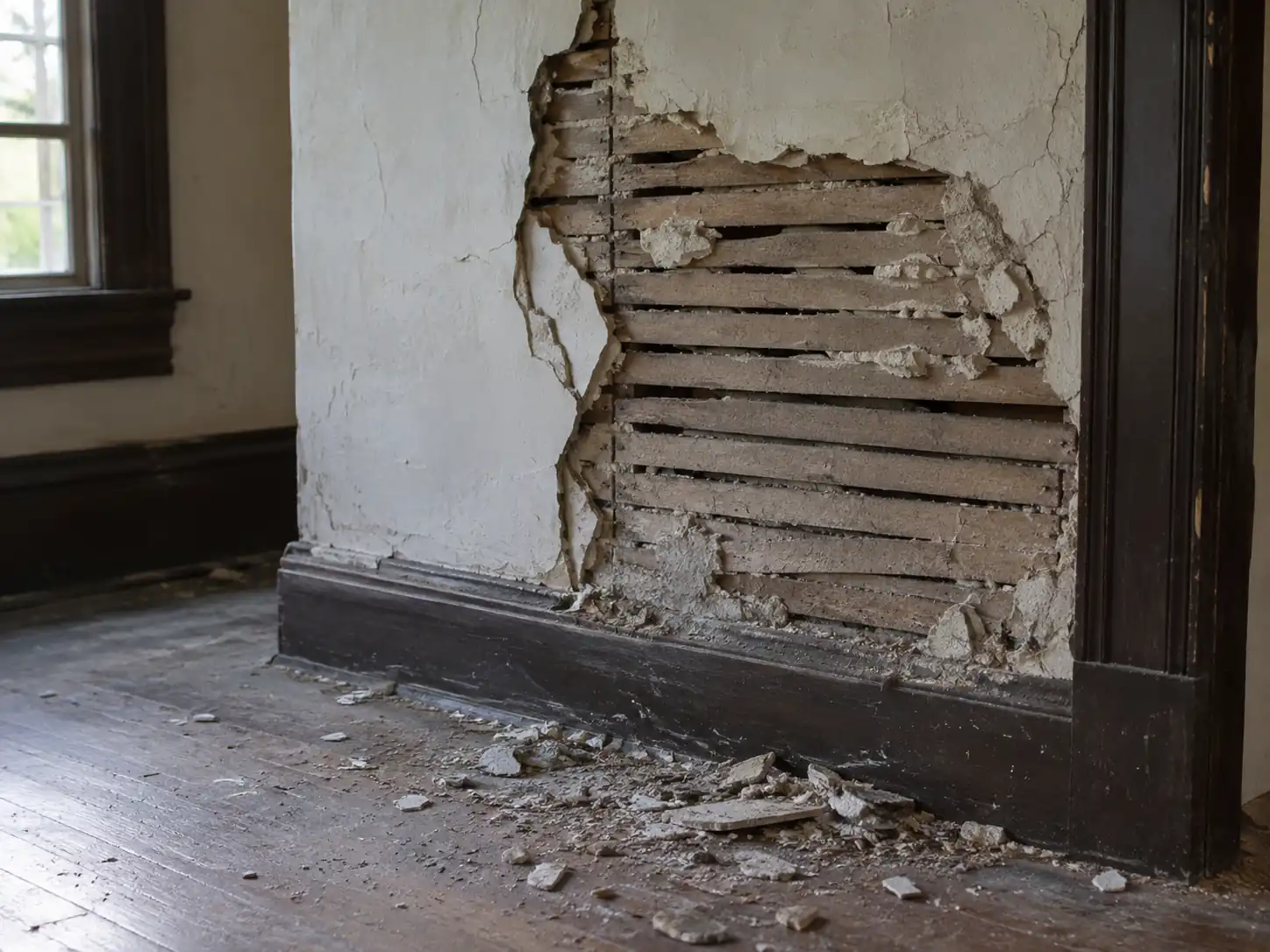Failed lath and plaster wall with exposed wood lath and debris on hardwood floors in an old Heights house