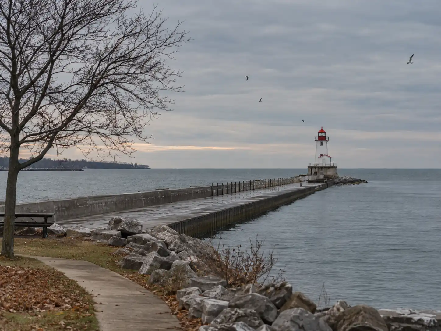 Lorain Harbor lighthouse at the end of the breakwall on Lake Erie in late autumn