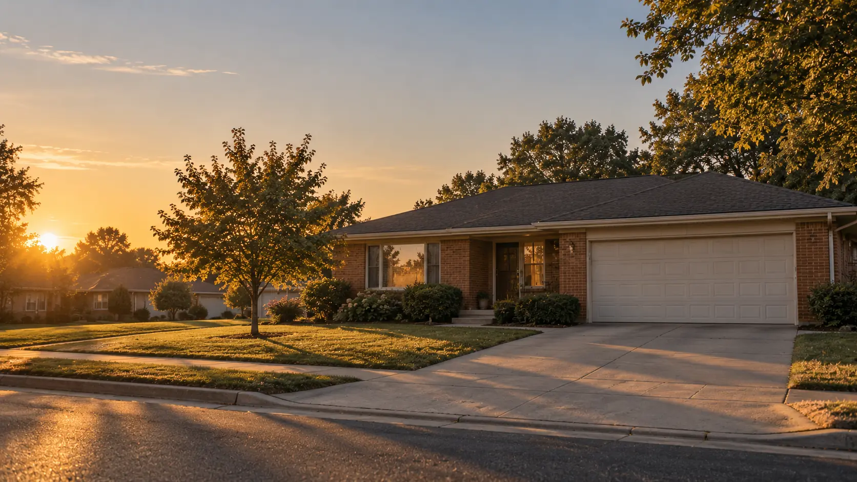 Single-story brick ranch house with an attached garage and concrete driveway at sunset — a typical Sun Belt and Midwest suburban home