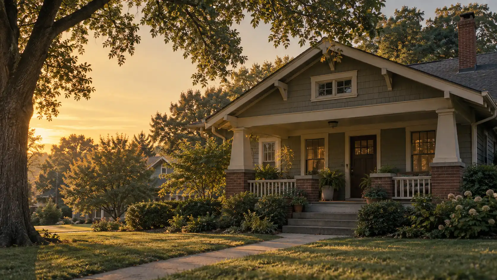 Craftsman bungalow with a brick-column front porch at golden hour — an older home in an established neighborhood