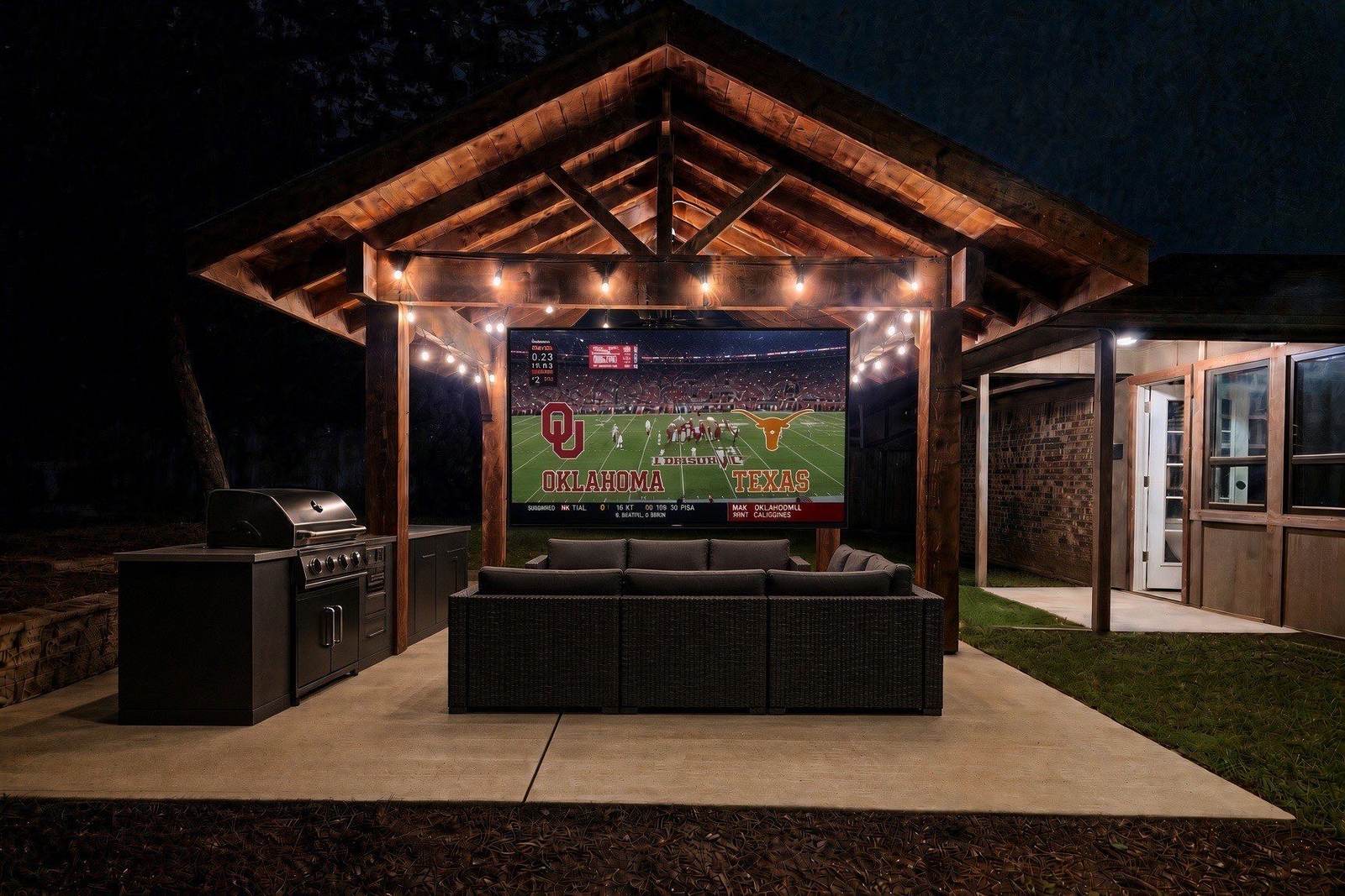 Lit cedar pavilion with outdoor TV, grill and sectional seating