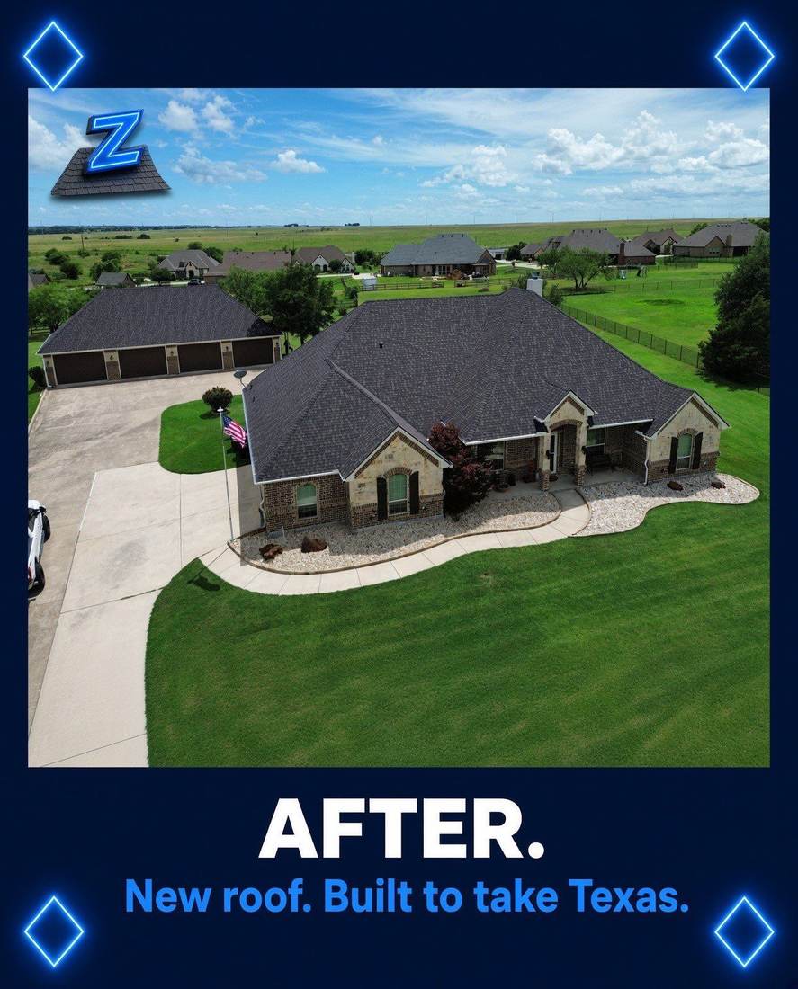 After: new shingle roof on a brick home, Zeus Exteriors project graphic