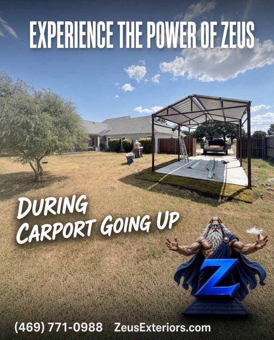 During: carport frame going up, Zeus Exteriors project graphic