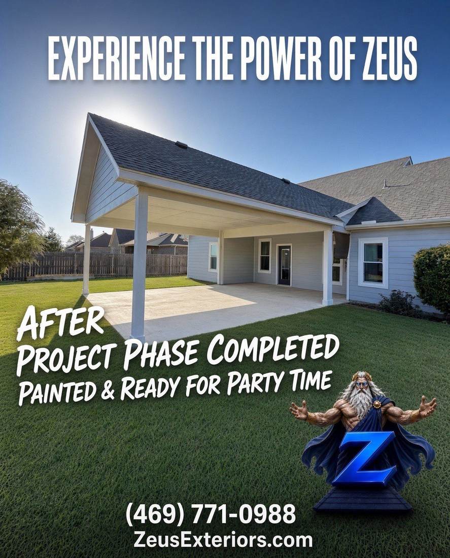 After: finished, painted covered patio, Zeus Exteriors project graphic