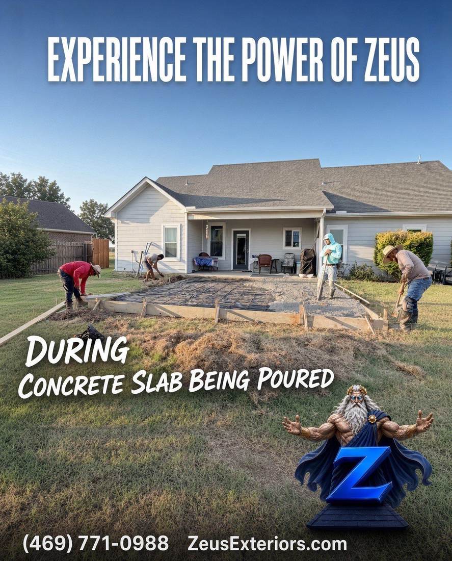 During: concrete slab being poured for a new patio, Zeus Exteriors project graphic