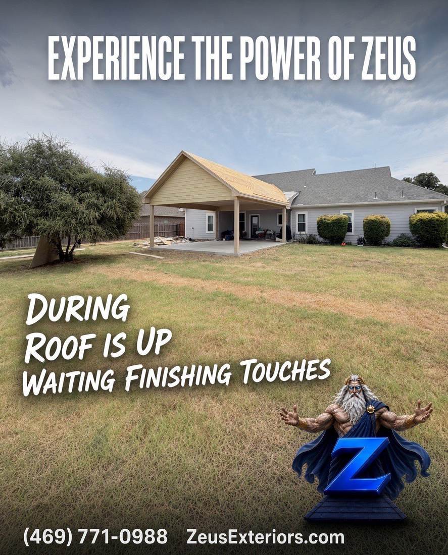 During: patio cover roof up and waiting for finishing touches, Zeus Exteriors project graphic