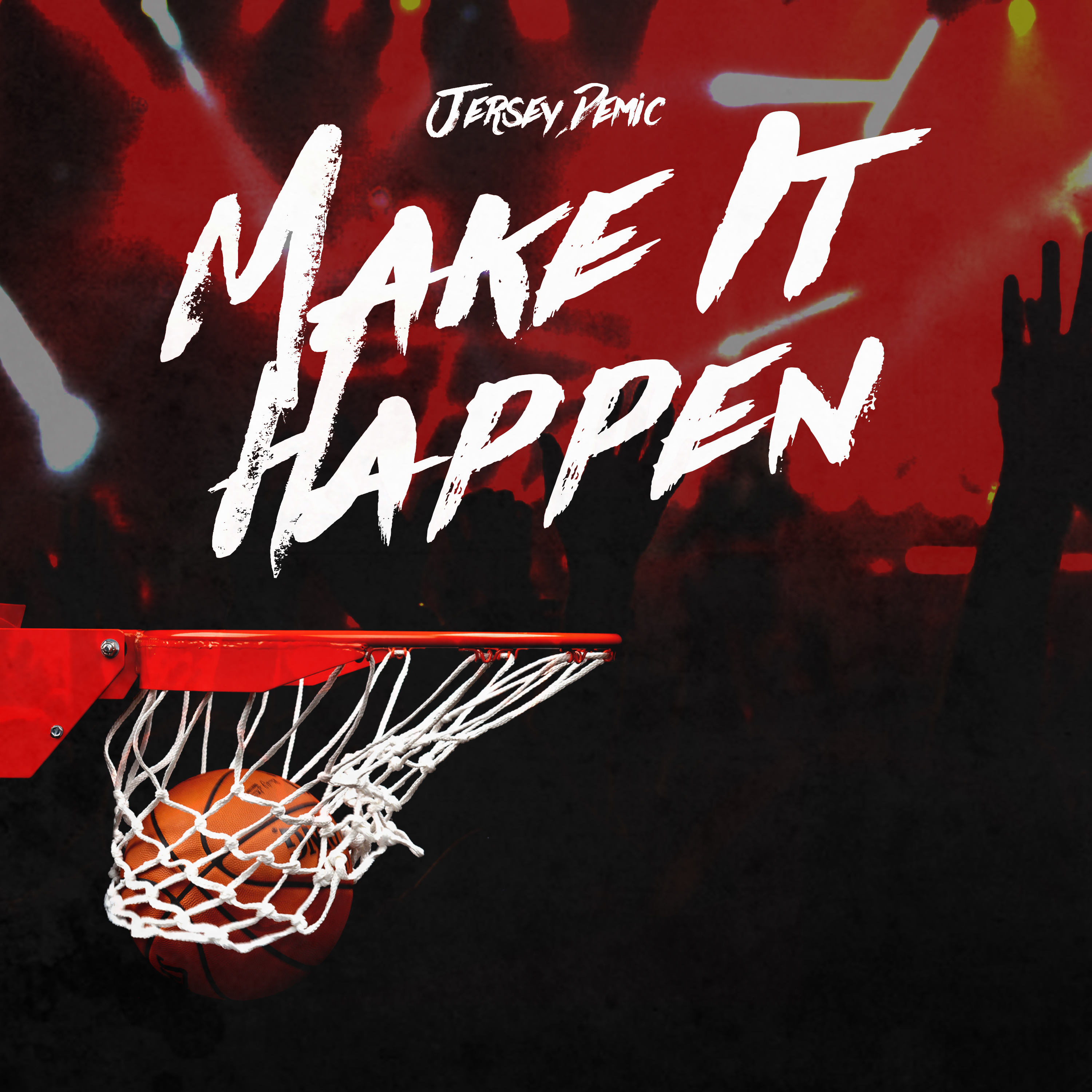 Basketball hoop with a ball swishing through the net, featuring the text "Make It Happen" and "Jersey Demic," symbolizing dynamic energy and creativity in the context of video content and brand growth.