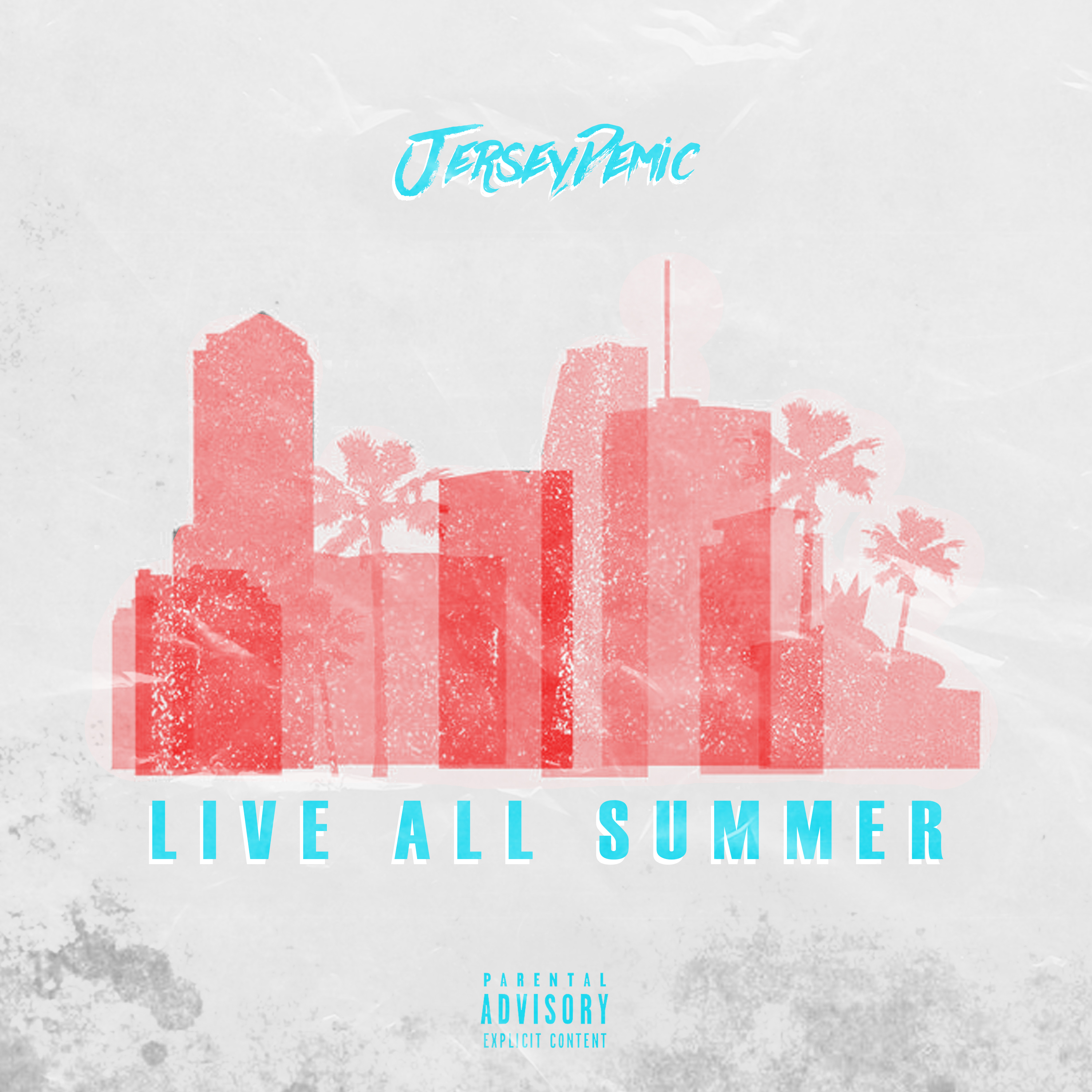 City skyline silhouette with palm trees, featuring the text "JerseyDemic" and "LIVE ALL SUMMER," emphasizing vibrant summer themes and music culture.