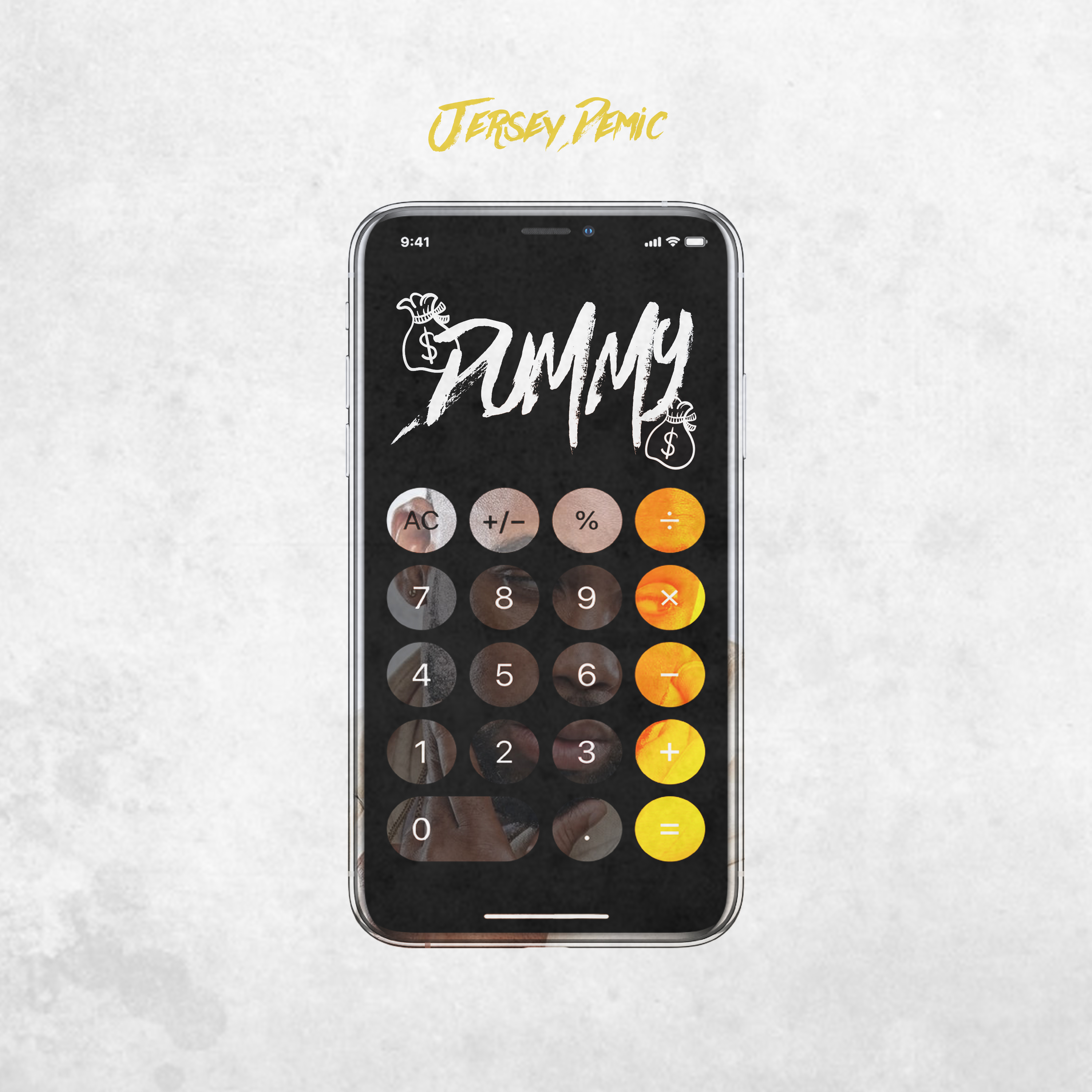 Smartphone displaying a calculator interface with the word "DUMMY" and dollar sign graphics, representing digital media and branding by Danny Adivo.