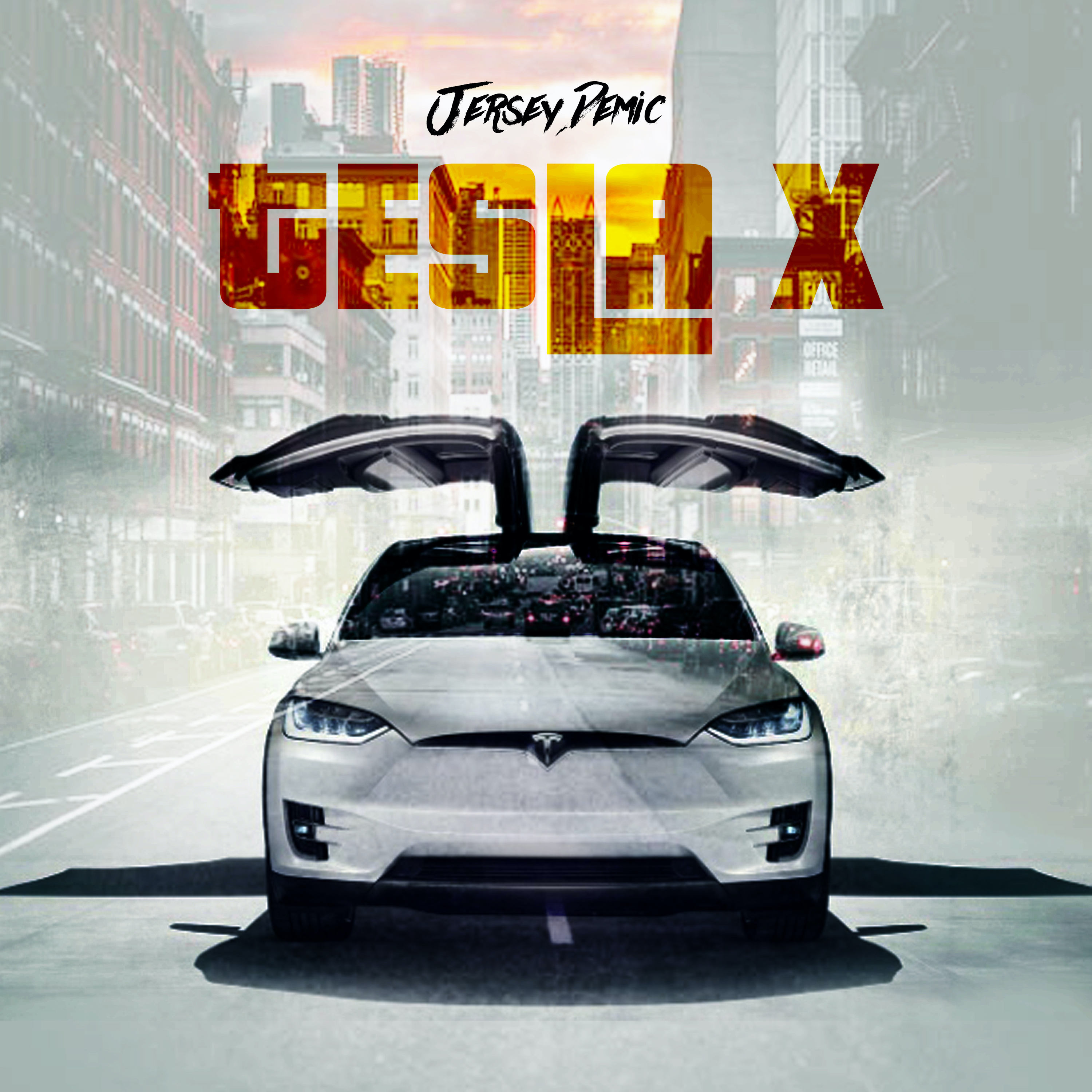 Tesla Model X with open falcon-wing doors, urban street backdrop, promotional graphic for Jersey Demic's music project.