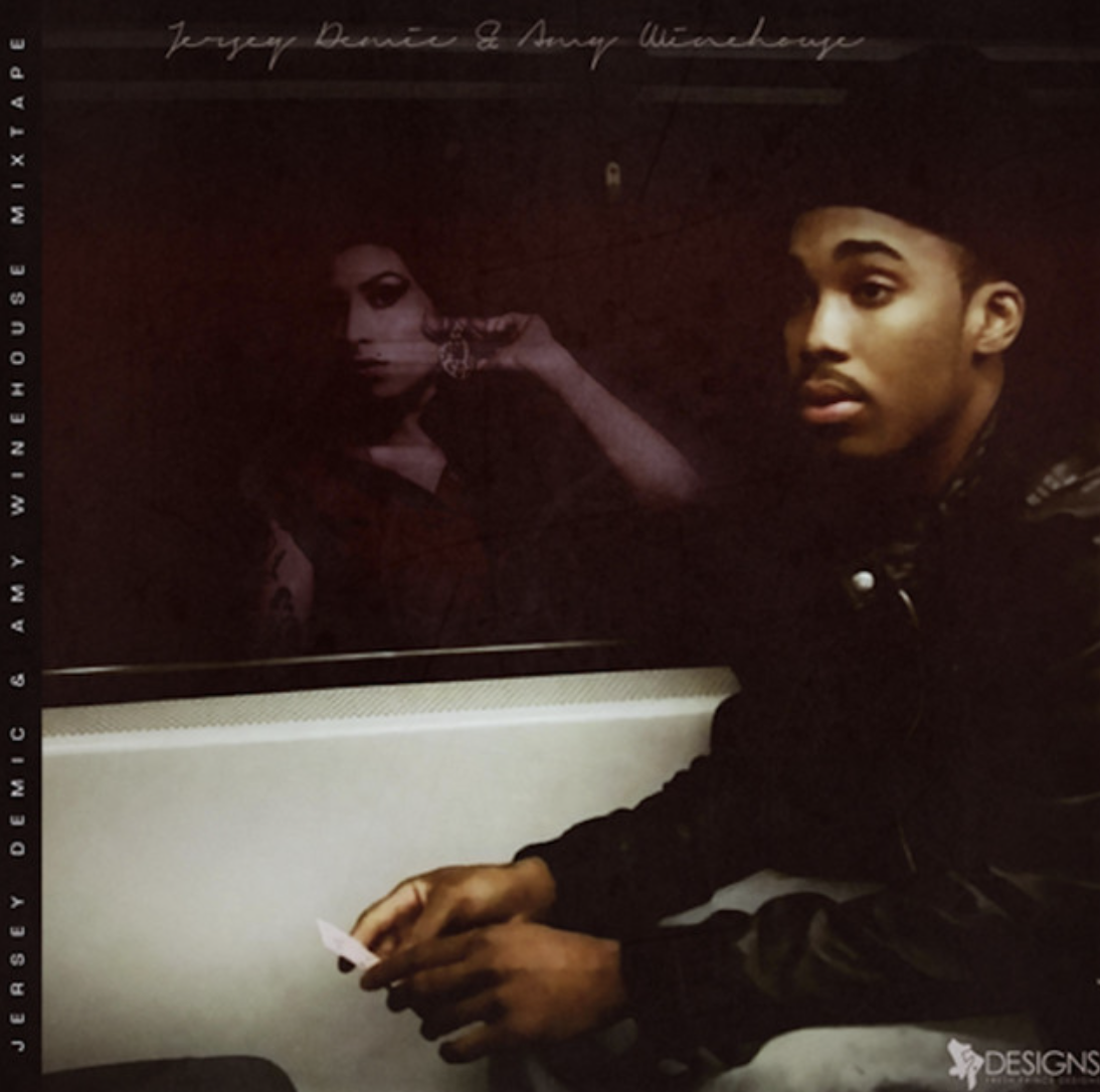 Jersey Demic and Amy Winehouse mixtape cover featuring a contemplative man sitting in a subway, with a ghostly image of Amy Winehouse in the background, symbolizing a blend of contemporary and classic music influences.