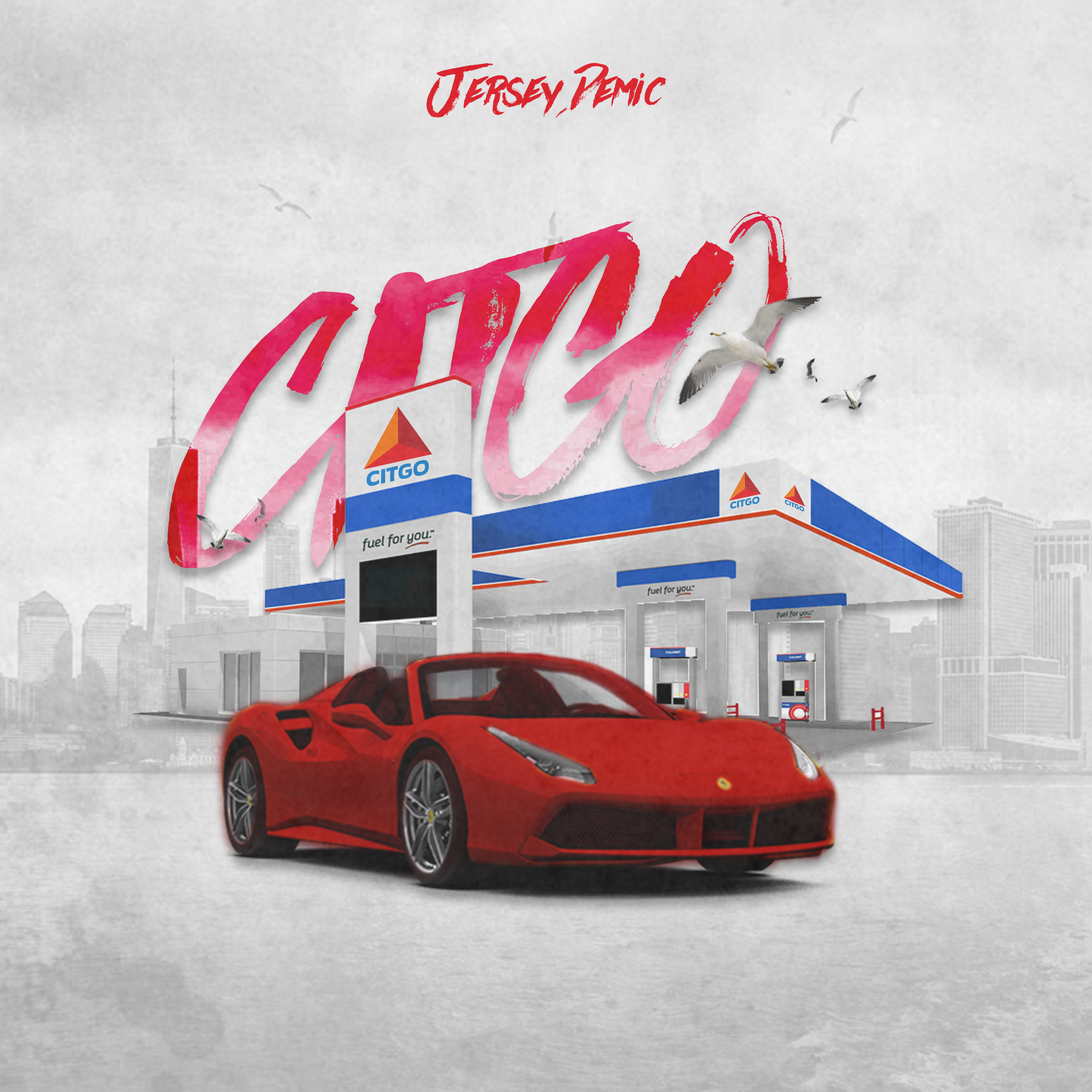 Red Ferrari sports car in front of a CITGO gas station, with skyline in the background and stylized text "CITGO" and "Jersey Panic" above.