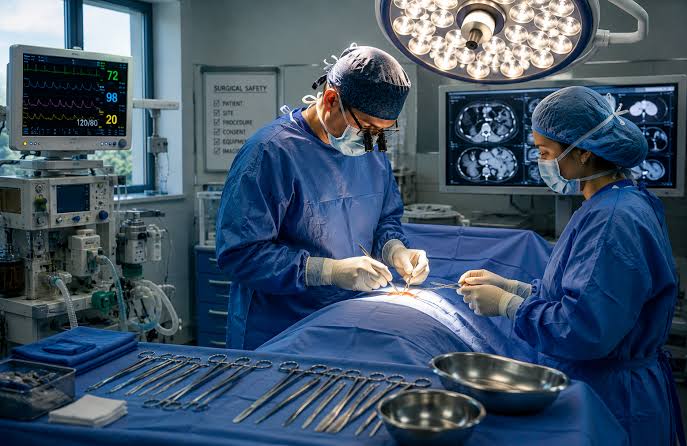 Surgeons in an operating room, where PRP therapy originated in the 1980s