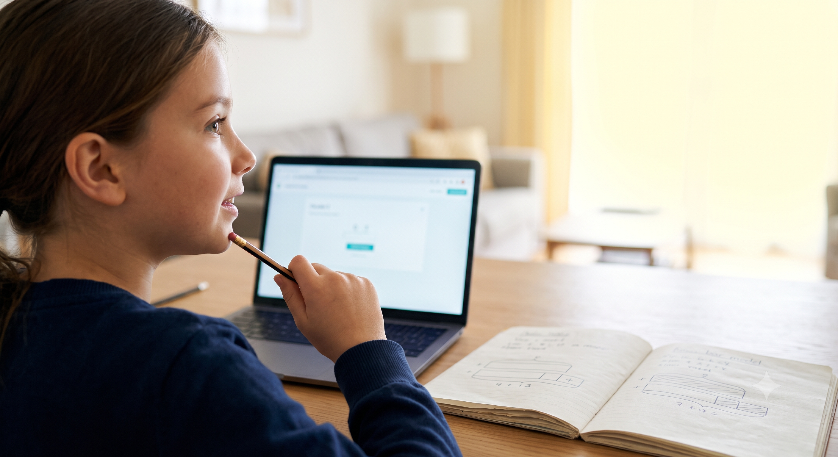 A girl working through a maths problem at her laptop, with a notebook of bar models open beside her