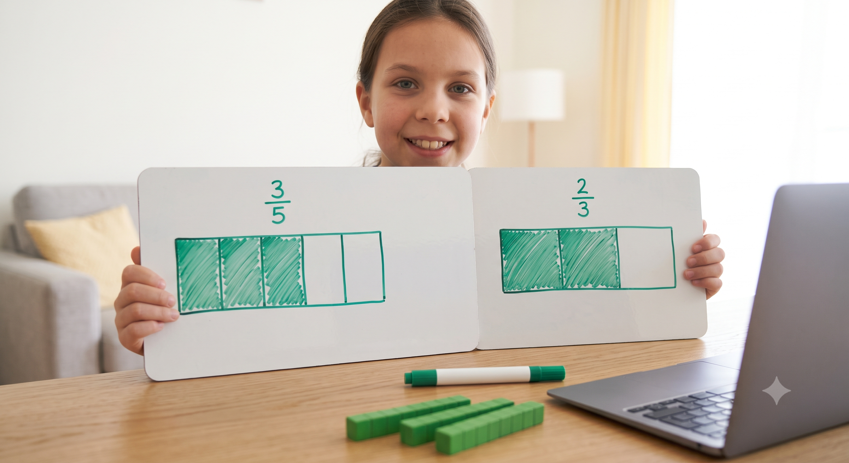 A child holding up two mini whiteboards, each showing a bar model, one for three fifths and one for two thirds