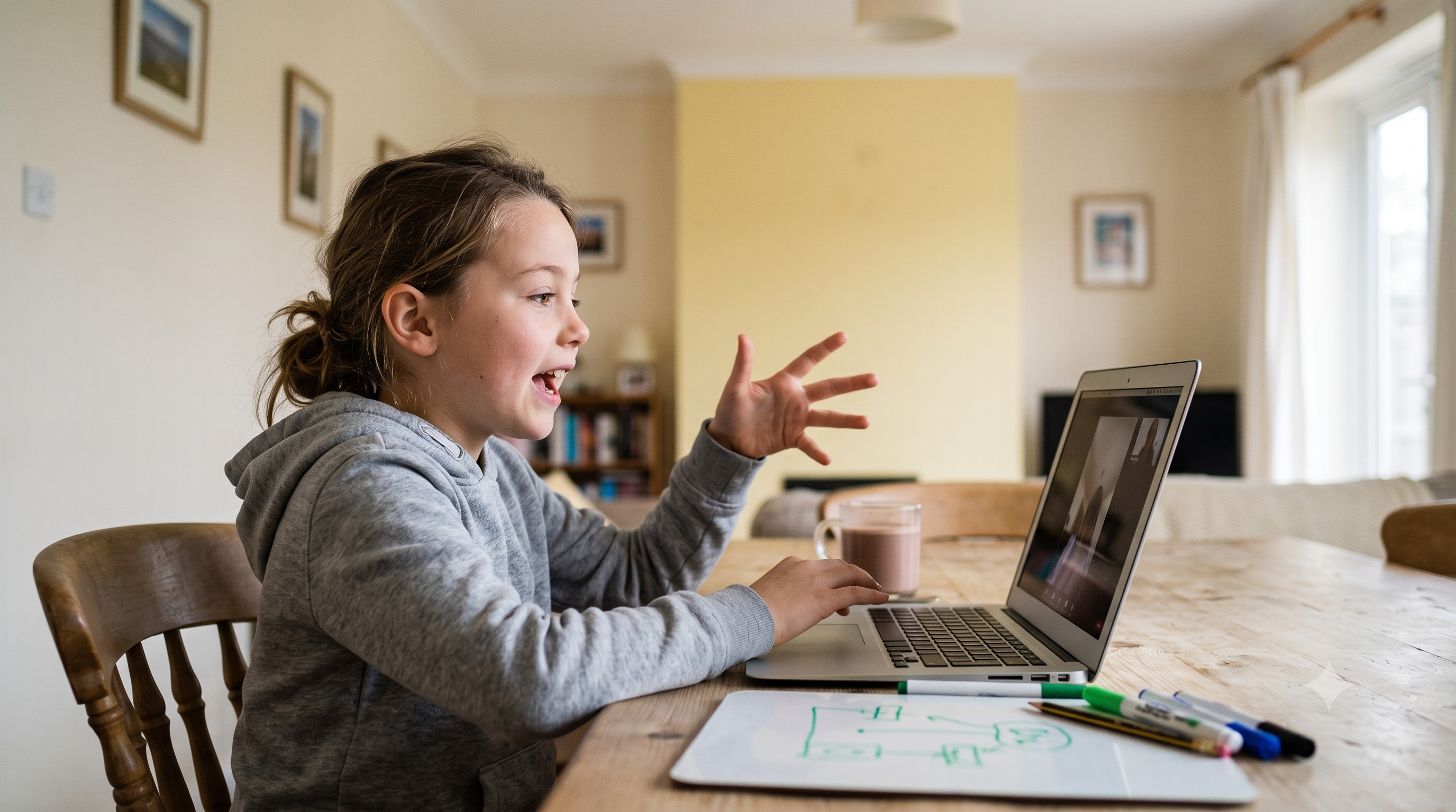 A child at a laptop mid-sentence, one hand raised in explanation, with a mini whiteboard on the table beside her