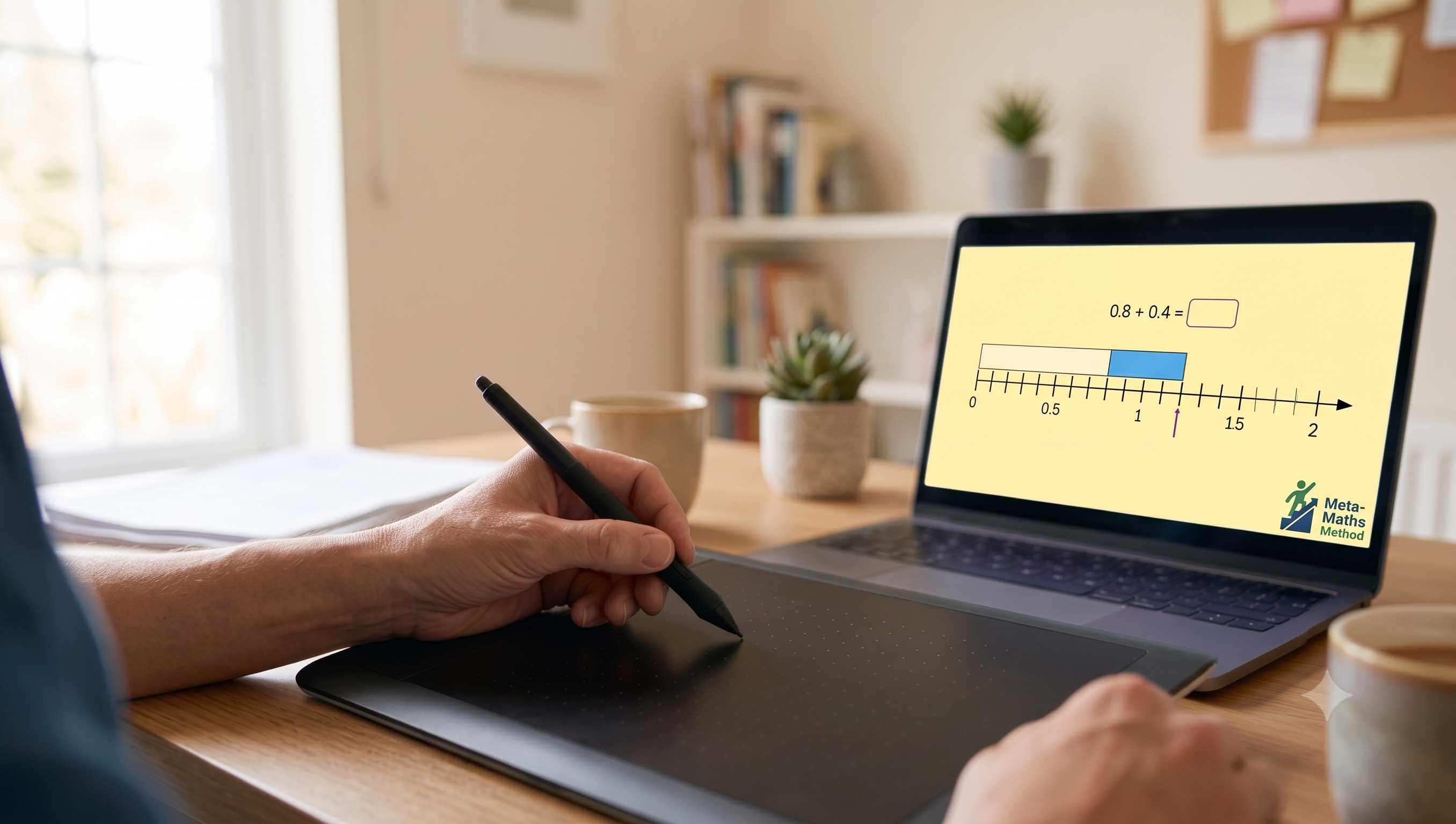 A tutor's hand holding a stylus over a graphics tablet, beside a laptop showing a Meta-Maths slide with a bar model and a number line for 0.8 plus 0.4