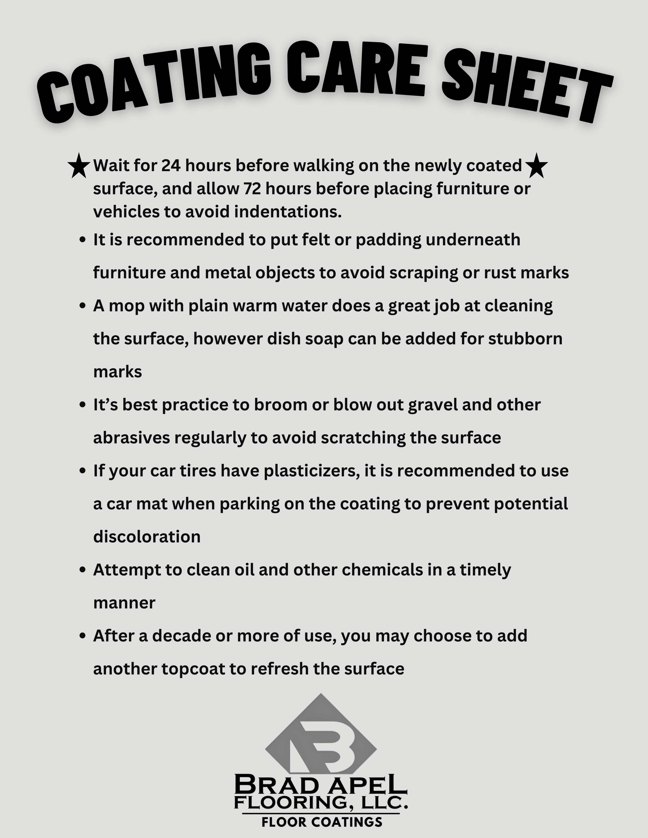 Brad Apel Flooring, LLC. Coating Care Sheet 