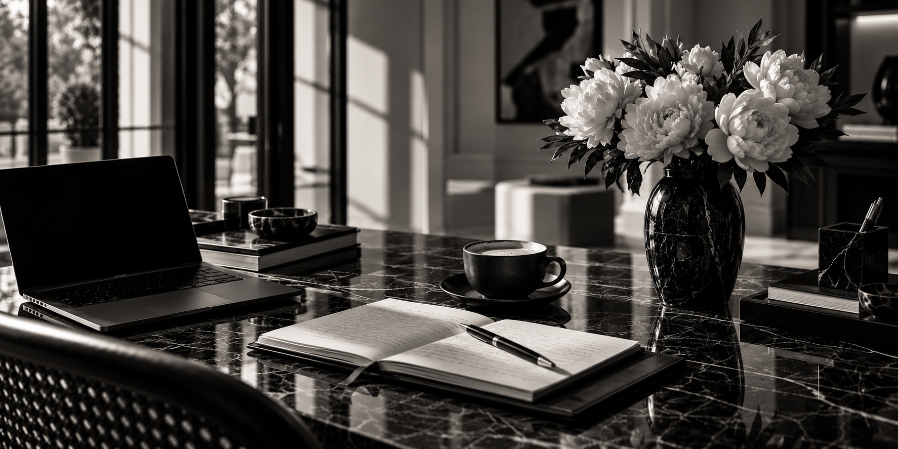 A black marble desk with an open handwritten journal, a pen, a coffee cup and white peonies in soft window light