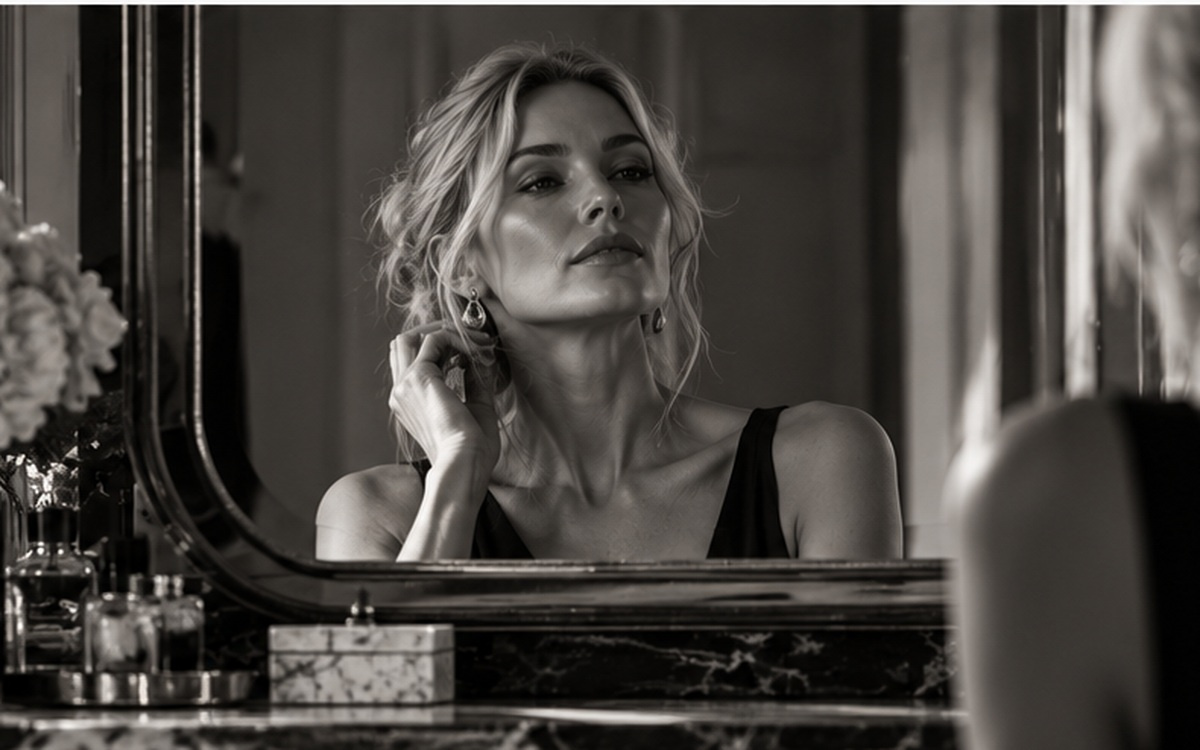 A woman looking at her reflection in a mirror, touching her earring
