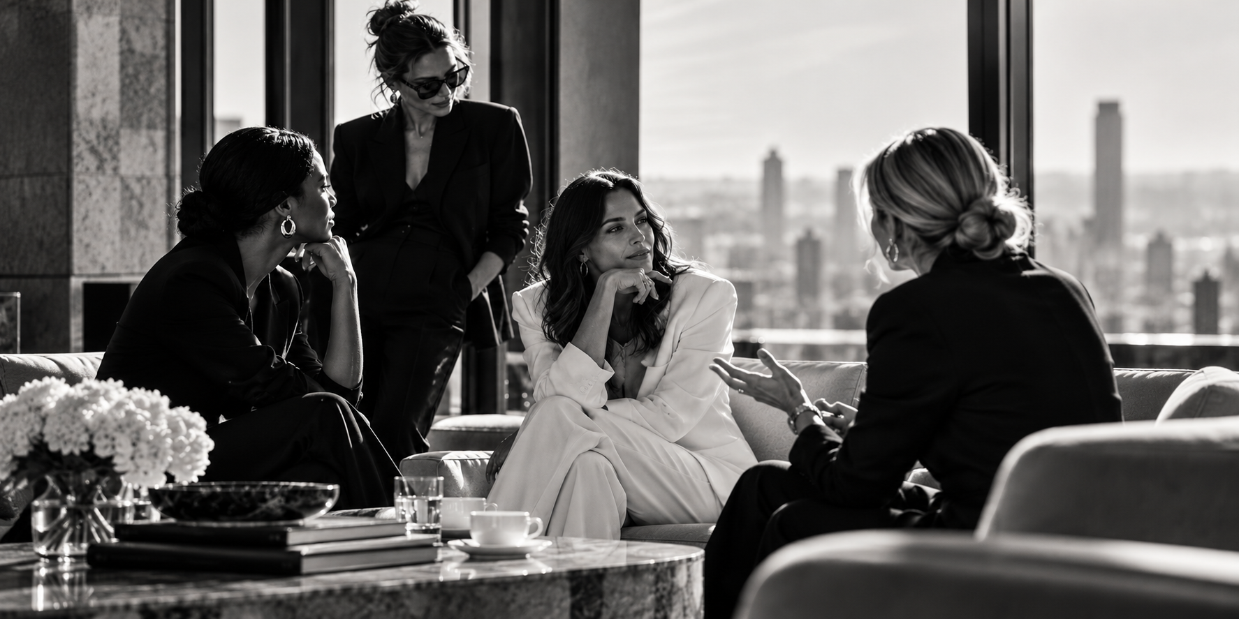 Four women in conversation in a penthouse lounge above the city