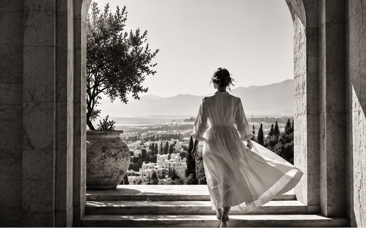 A woman in a flowing white dress stepping out through a stone arch toward a distant view