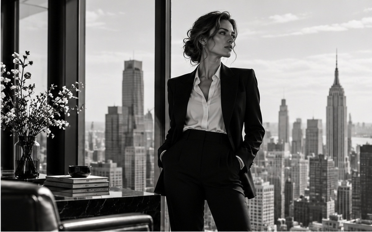 A woman in a tailored black suit at a window above the city skyline