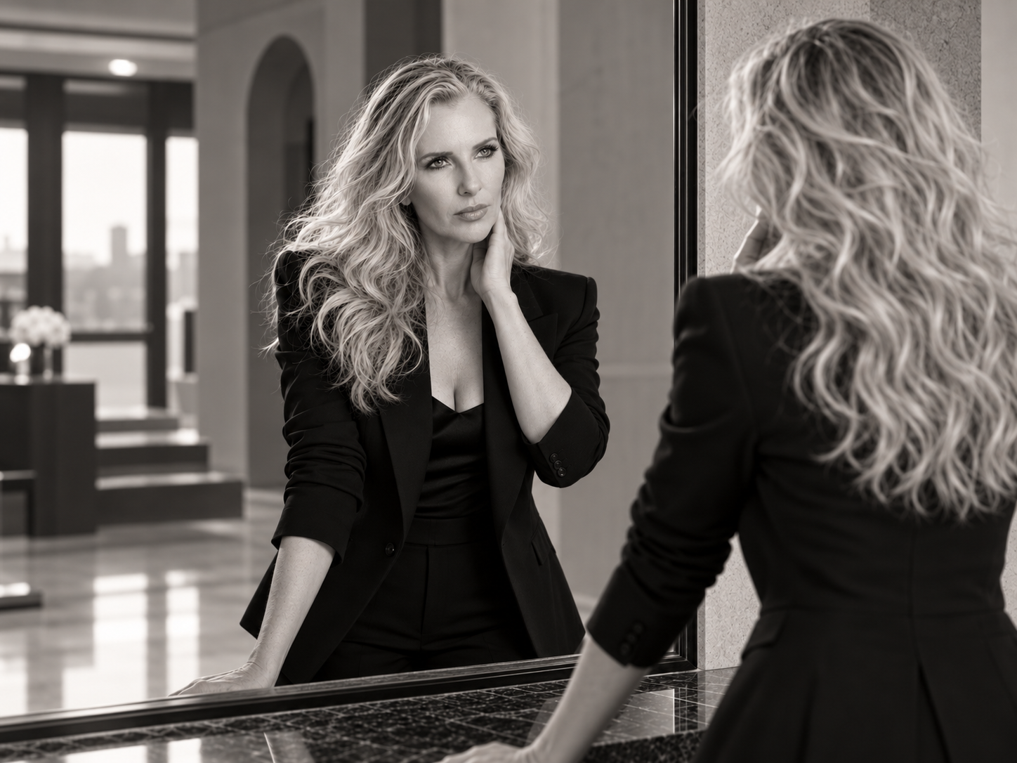 The founder looking at her reflection in a mirror, hand at her neck, in a black tailored suit