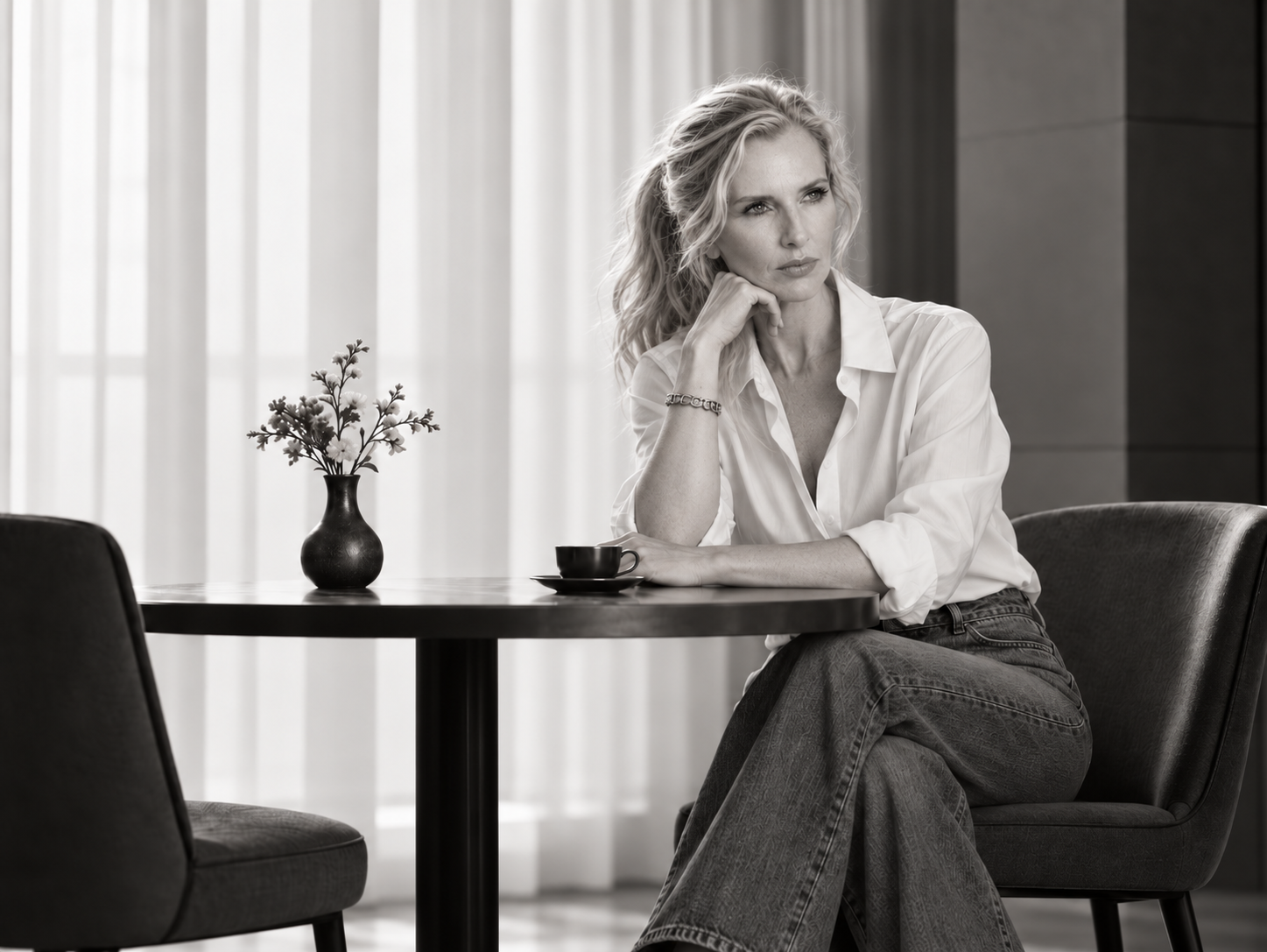 The founder seated at a round table with a coffee cup, resting her chin on her hand and looking out of frame