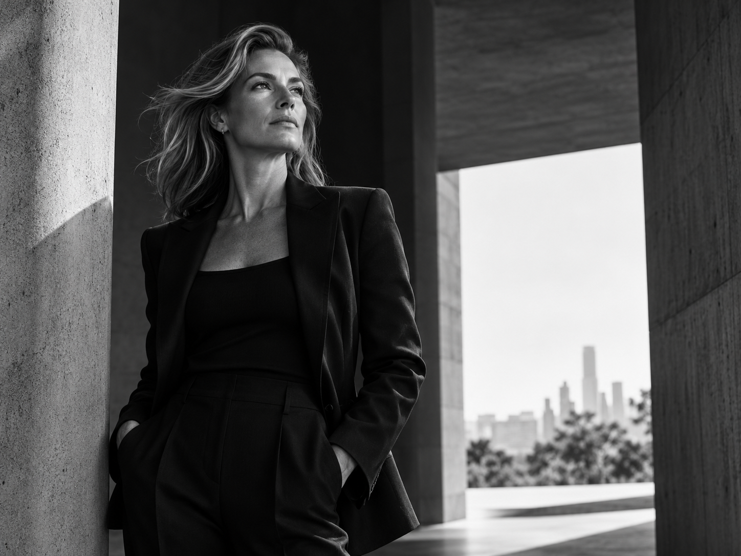 The founder in a black tailored suit, leaning against a concrete column and looking out toward a city skyline