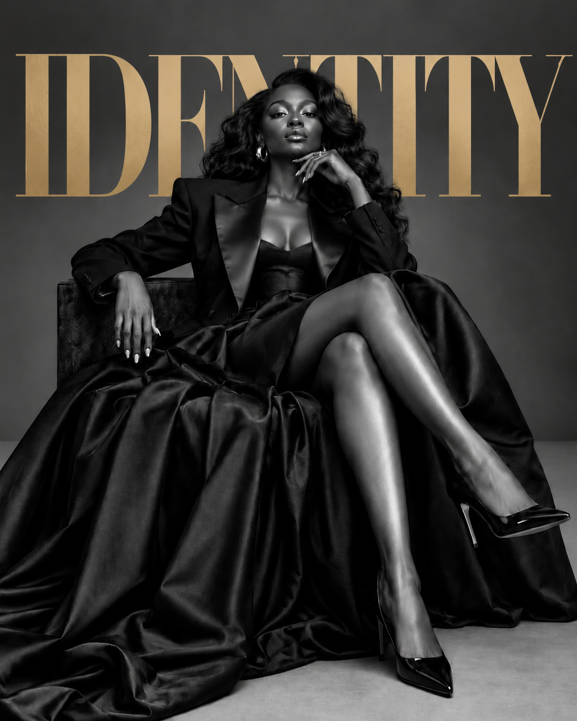 Identity: a woman in a black tailored jacket and gown, seated with her hand at her chin, beneath the word IDENTITY
