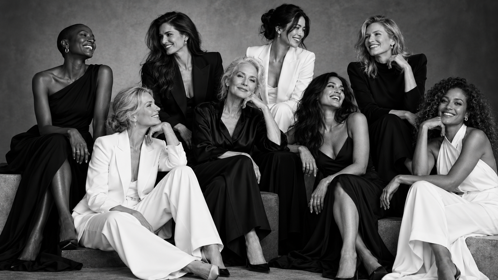 Eight women of different ages seated together in black and white, laughing and talking