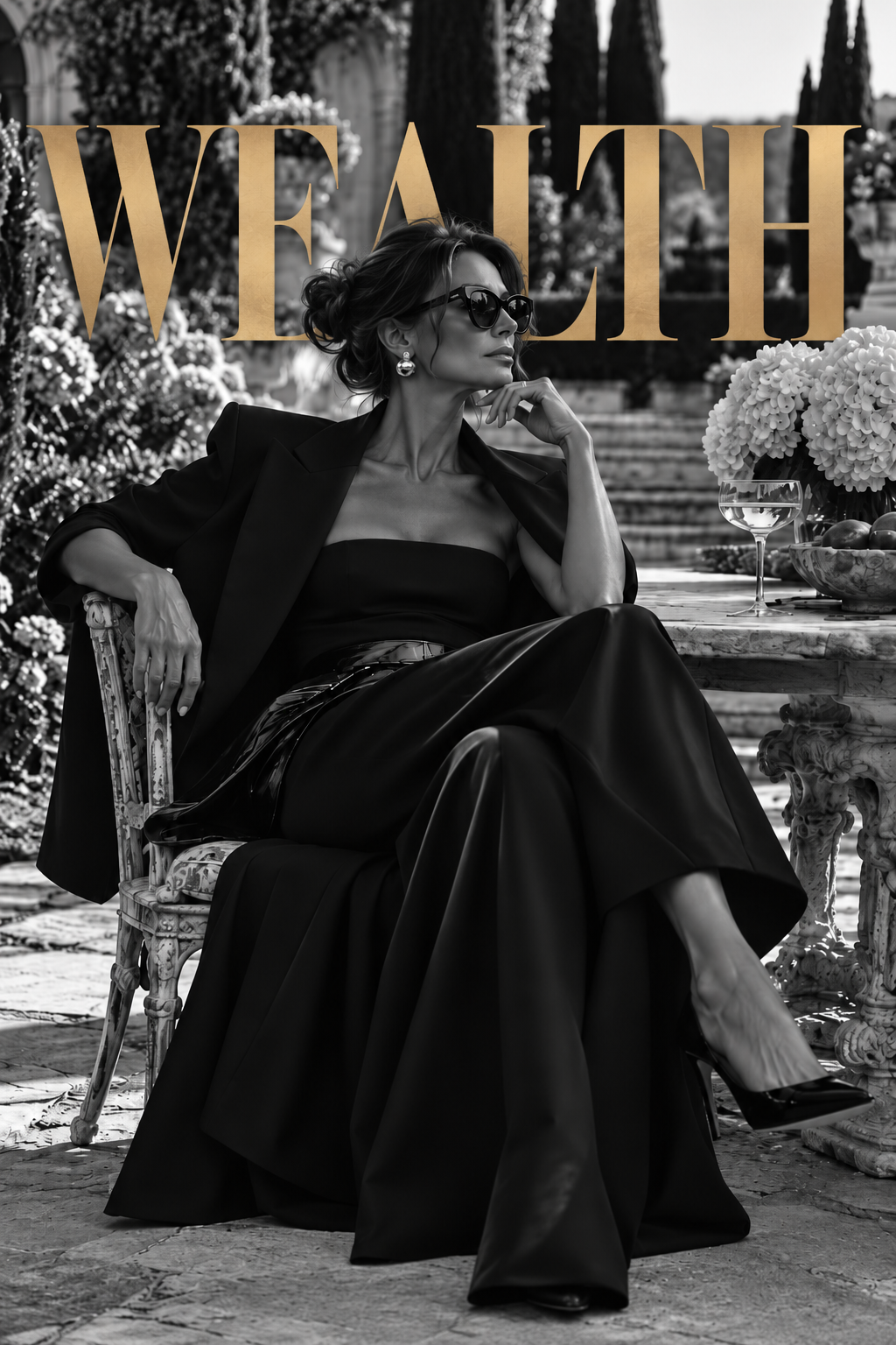 Wealth: a woman in black seated in a garden with her hand at her chin, beneath the word WEALTH