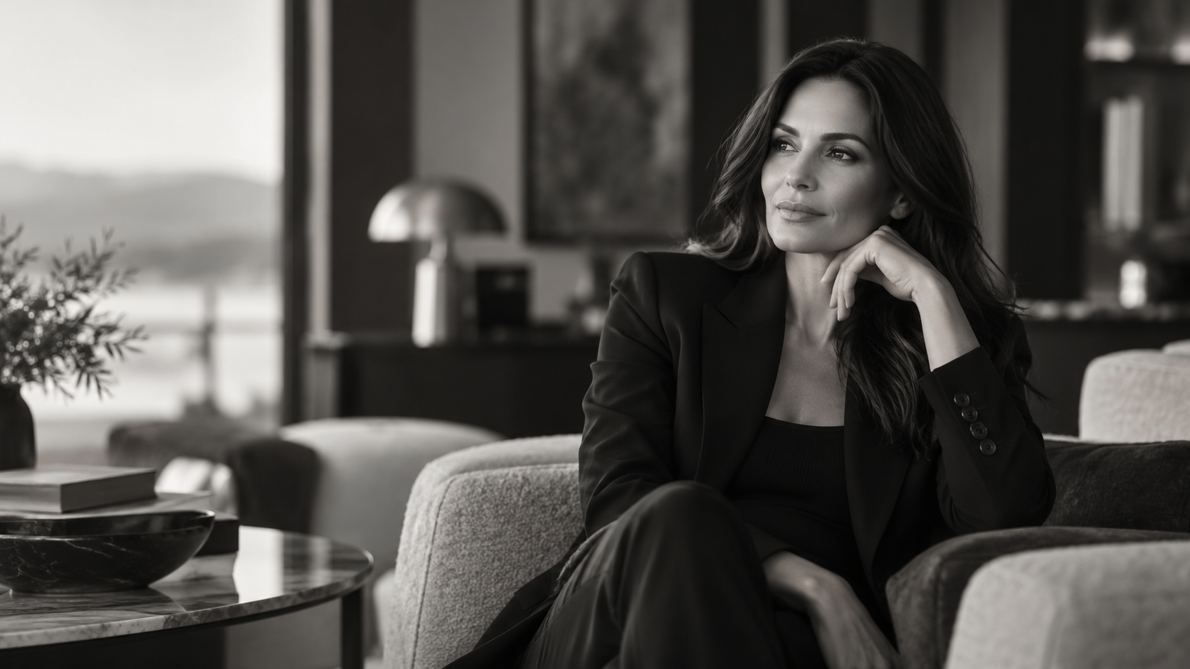 A woman sitting thoughtfully in a lounge