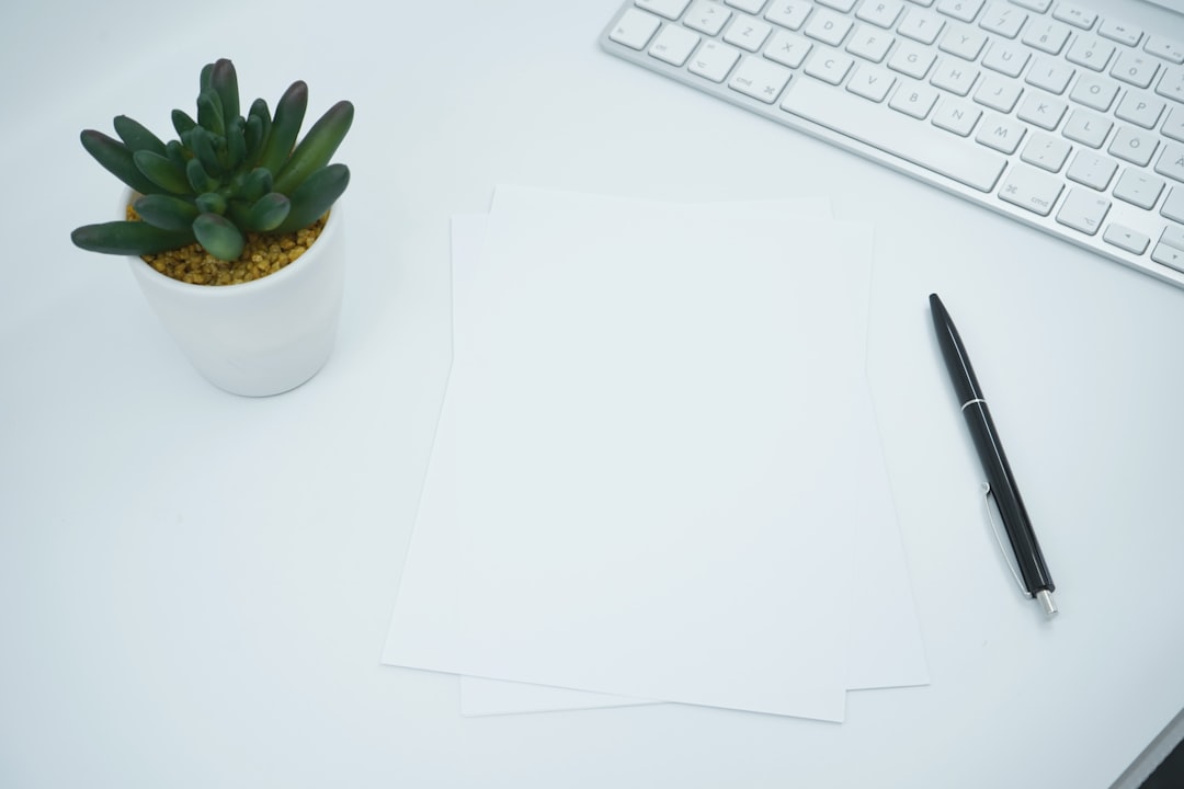 Overhead view of a white desk with blank sheets of paper, a black pen, a small potted succulent and a keyboard edge.