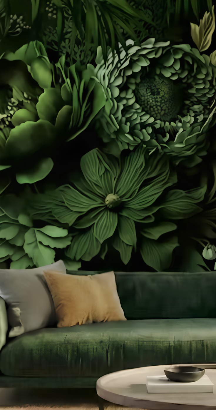 Premium interior lounge with large green floral feature wall